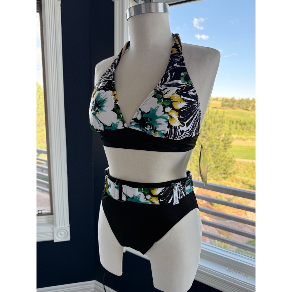Newport News Swim Womens Floral Halter Bikini Set Belted High Waist Black 10 NEW - Picture 3 of 11